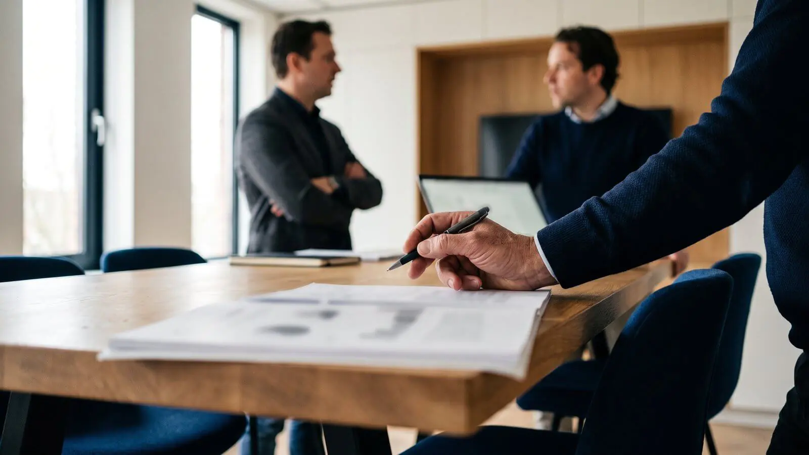 Hand holding a pen over printed sheets while two colleagues talk in the background