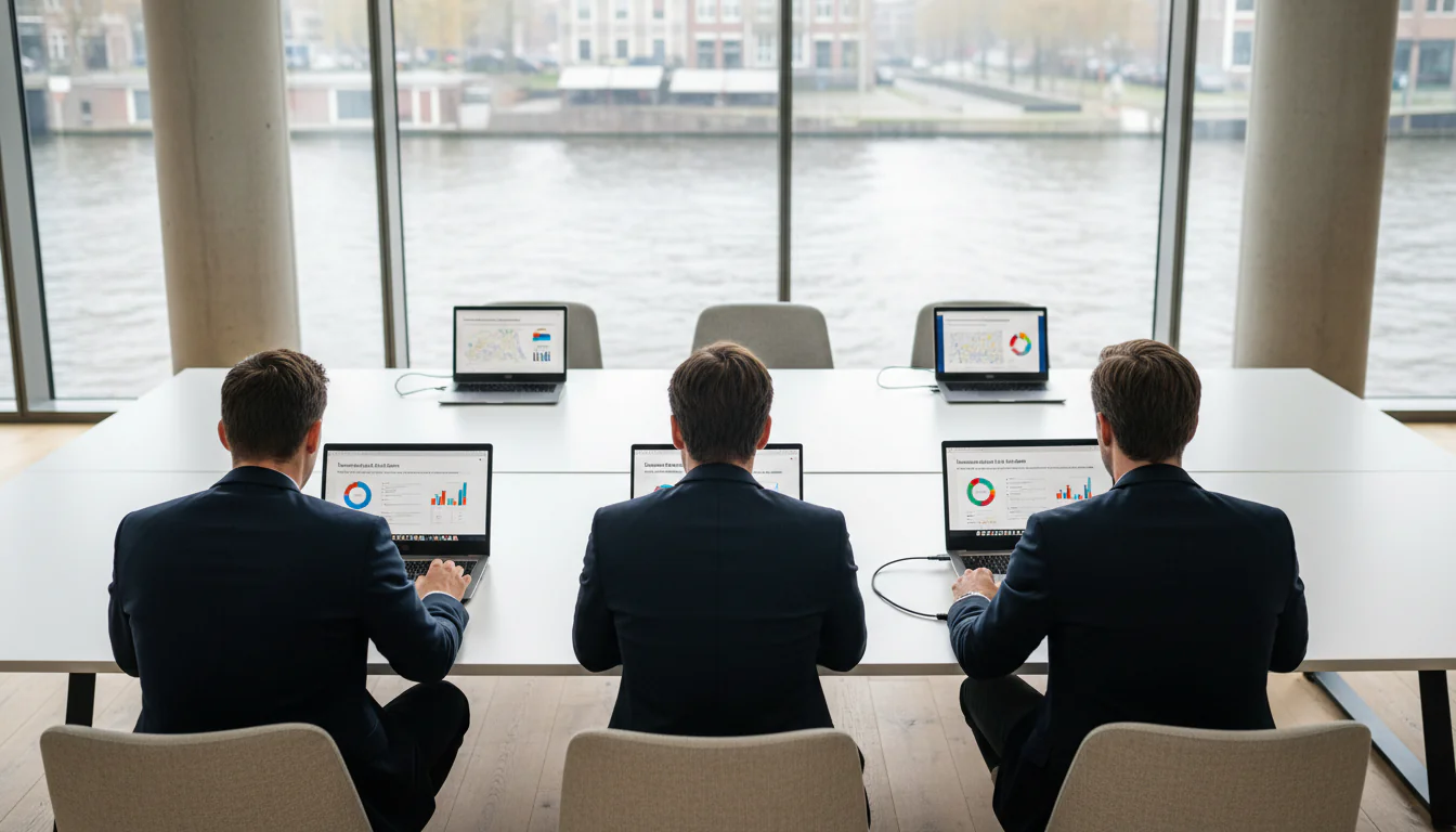 Dashboard & Data Visualisatie: Complete Gids voor Nederlandse Bedrijven - Wide-angle shot of a modern Dutch office boardroom in Amsterdam, floor-to-ceiling w...
