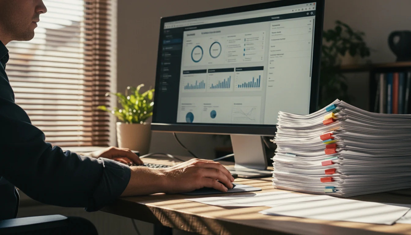 Dutch business owner scrolling data dashboard on monitor in Amsterdam office beside printed invoices, dashboard maken gids