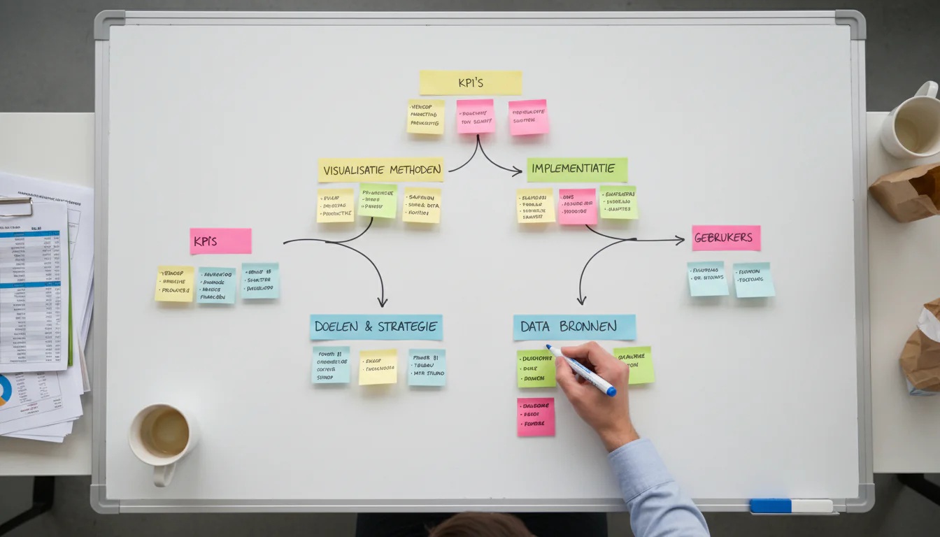 Whiteboard sticky notes in tree structure with hand writing marker, coffee cups and spreadsheets for dashboard maken gids
