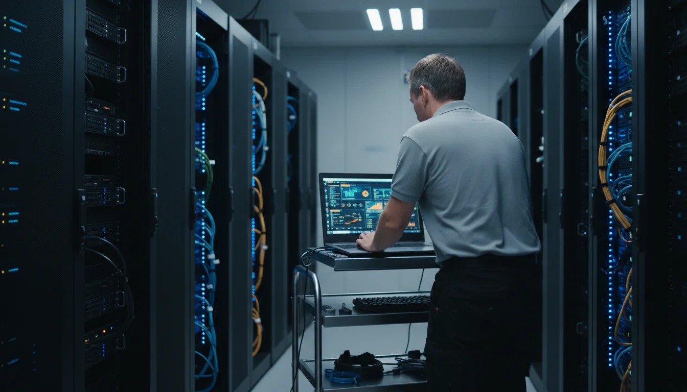 Technician in Dutch server room reviewing dashboard on laptop amid organized racks, dashboard maken gids