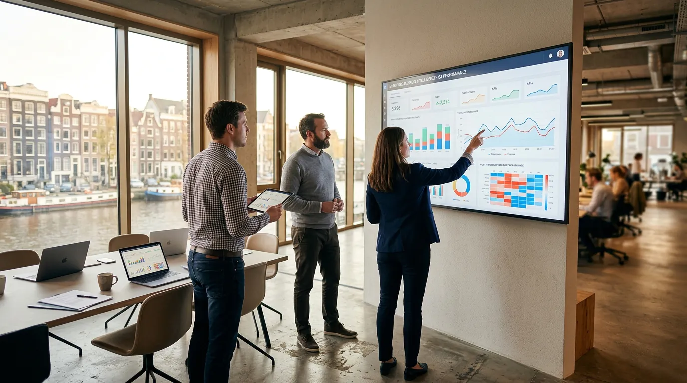 Colleagues gathered around wall-mounted enterprise business intelligence dashboard showing multiple data visualizations in modern office