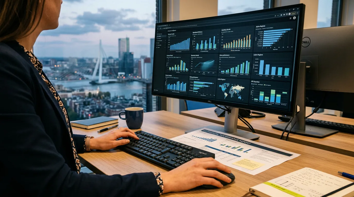 Financieel manager die een enterprise business intelligence dashboard en een afgedrukt KPI-rapport bekijkt op een groot scherm aan een staand bureau