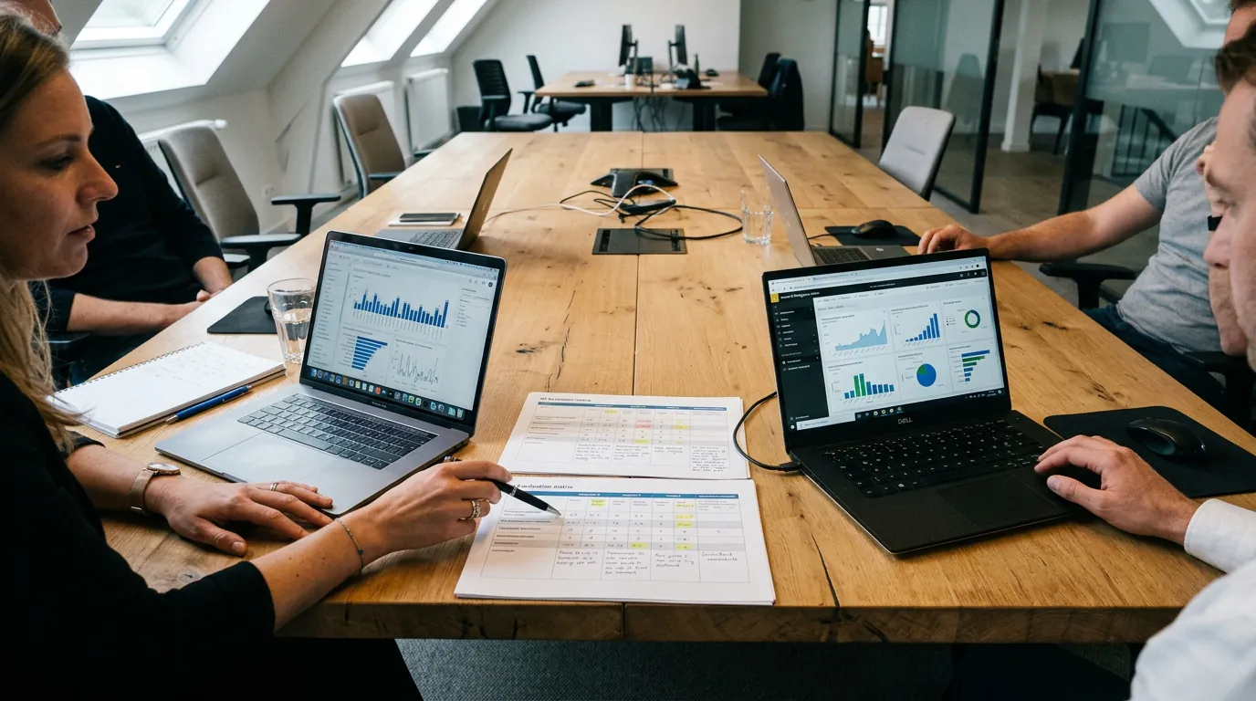 Team aan vergadertafel dat enterprise business intelligence platforms vergelijkt op laptops met afgedrukte evaluatiematrices