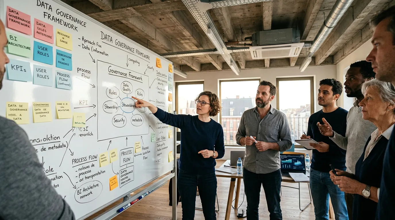 Workshopdeelnemers die een enterprise business intelligence governance-framework bespreken op een whiteboard met sticky notes en diagrammen