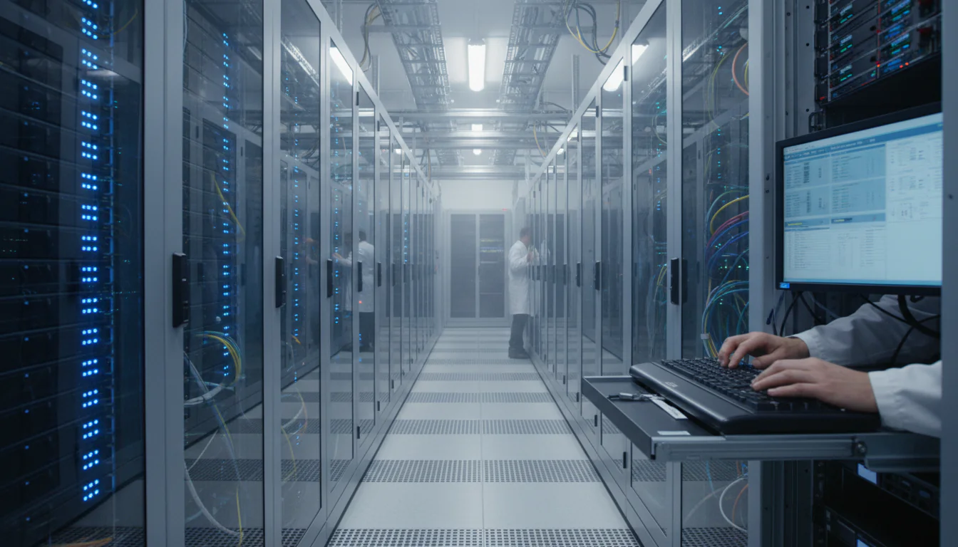 Serverruimte in modern Nederlands datacenter met LED-verlichting en gebundelde kabels die voldoen aan EU-kwantumregelgeving beveiligingsnormen
