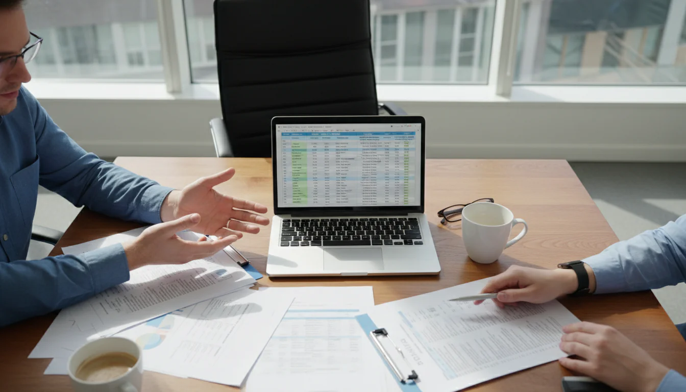 Vergadertafel in Amsterdams kantoor met regelgevingsdocumenten, laptop, spreadsheet en handen die EU-kwantumregelgeving compliance bespreken