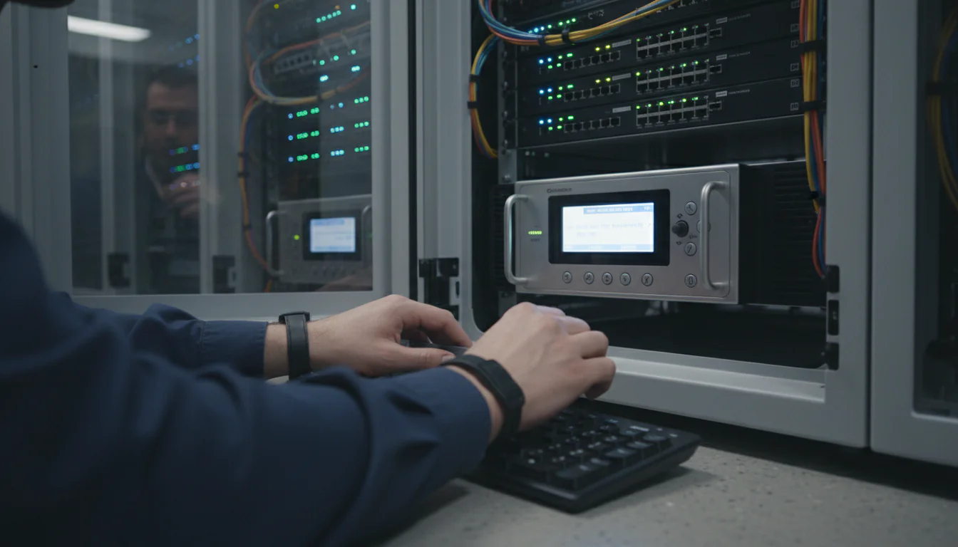 Handen van netwerktechnicus die hardware security module configureren voor EU-kwantumregelgeving sleutelgeneratie in beveiligde ruimte