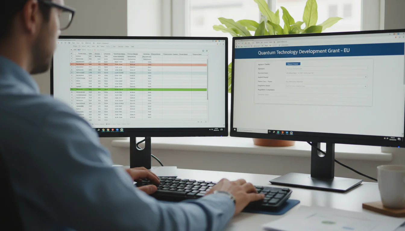 Financieel professional die EU-kwantumregelgeving subsidieaanvraagspreadsheets bekijkt op dubbel monitoropstelling in licht kantoor