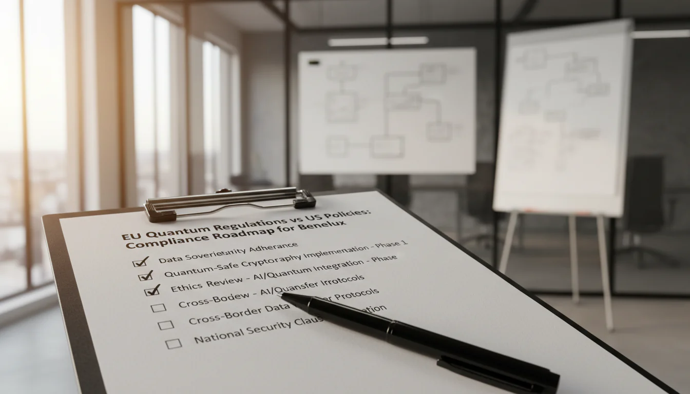 Afgedrukte compliance-checklist voor EU-kwantumregelgeving op klembord in modern kantoor met whiteboards en diagrammen