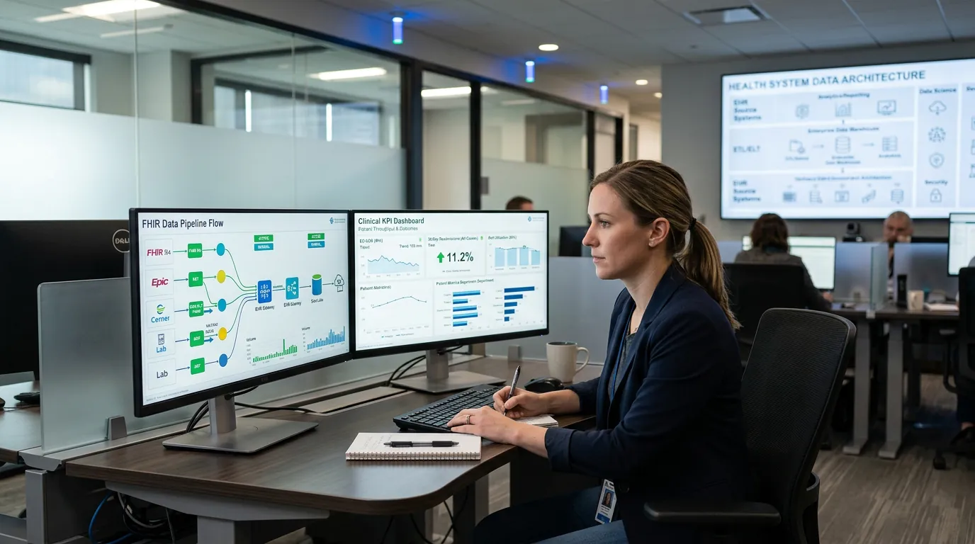 Healthcare data analyst at a desk with two monitors showing a data pipeline diagram and a clinical KPI dashboard, in an open-plan office
