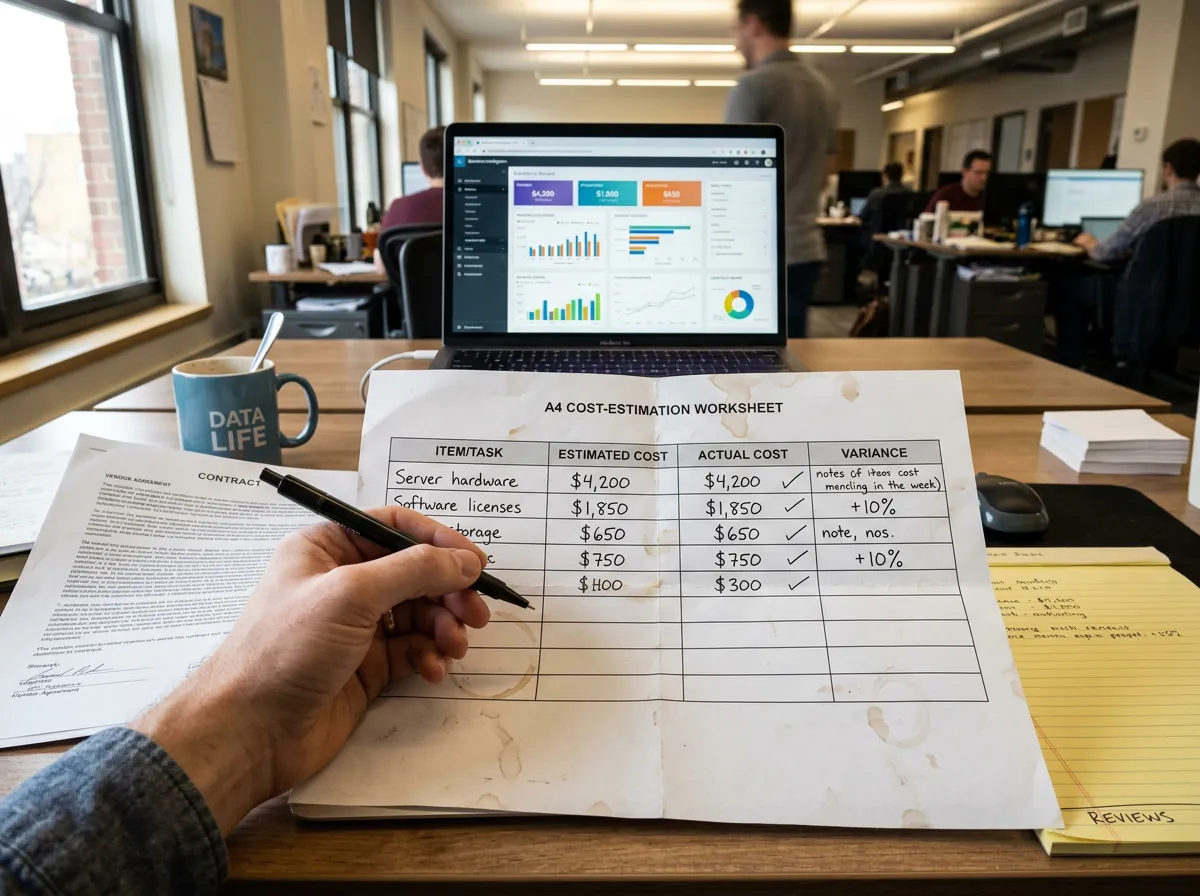 Werkblad voor BI-migratiekosten met herschrijving van eigen code, verborgen afhankelijkheden, exportlacunes en omscholing van gebruikers.