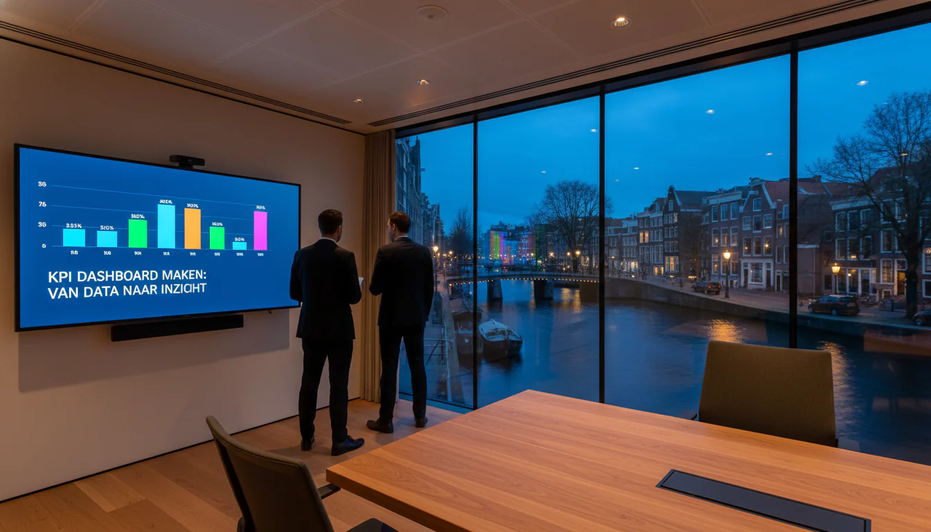 Executives viewing KPI dashboard maken charts on large wall screen in modern Amsterdam boardroom with canal view