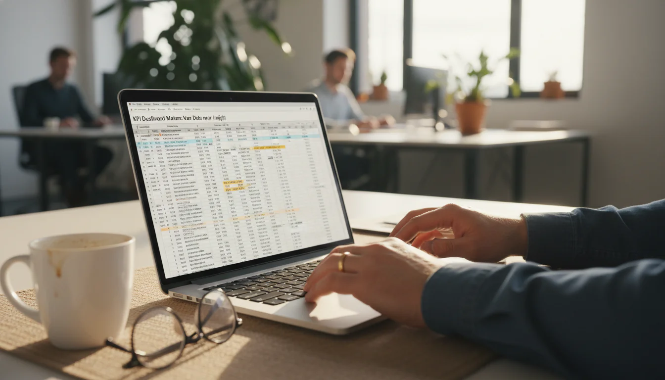 Operations manager scrolling cluttered Excel spreadsheet on laptop, starting point for KPI dashboard maken