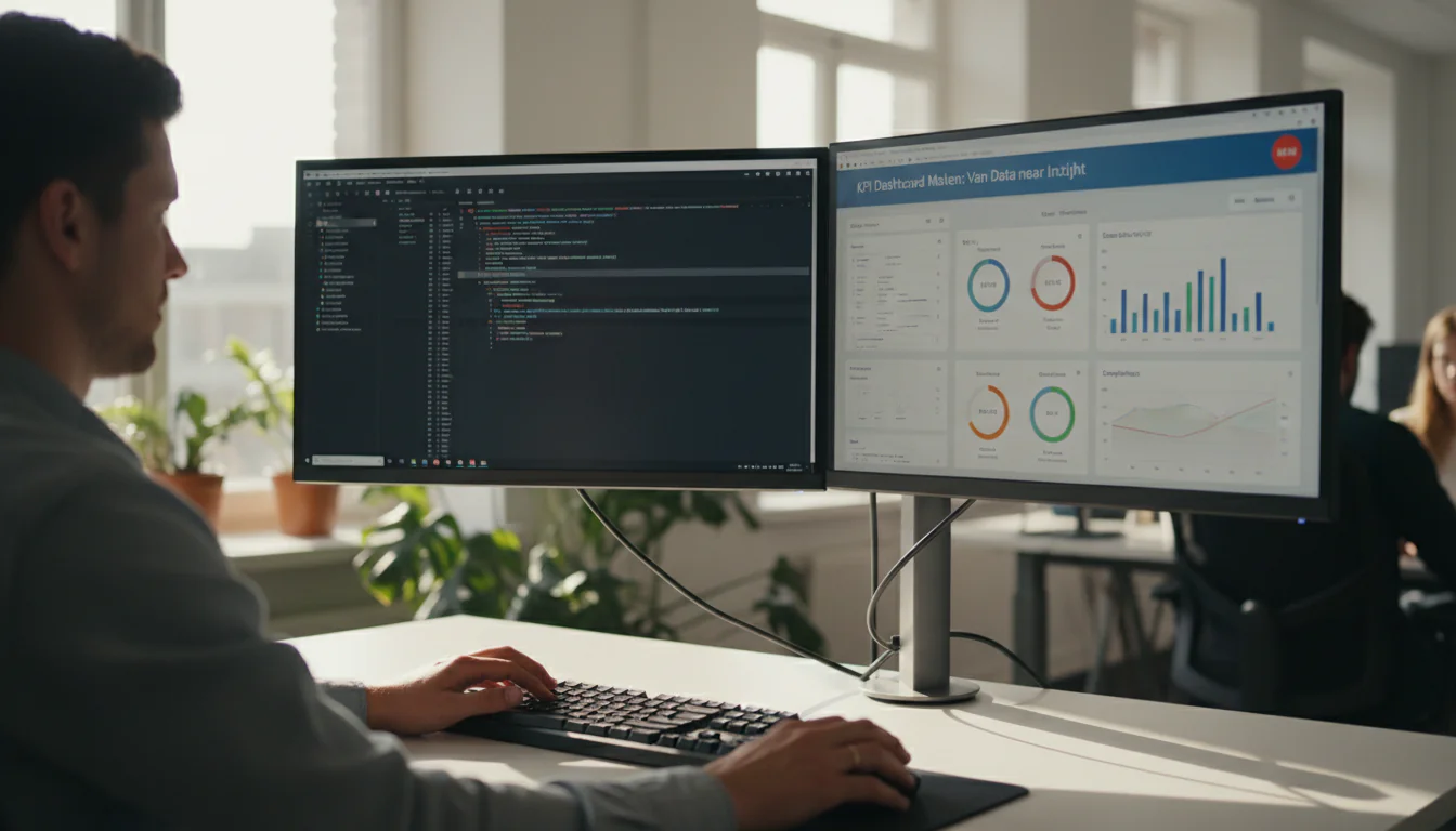 Data engineer reviewing database queries and data quality dashboard on dual monitors for KPI dashboard maken