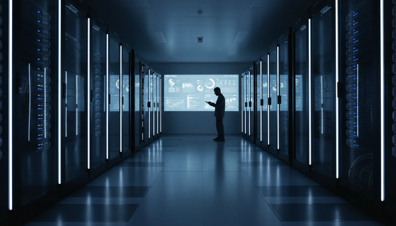 Technician checking tablet in clean server room of Belgian logistics company, powering data for KPI dashboard maken