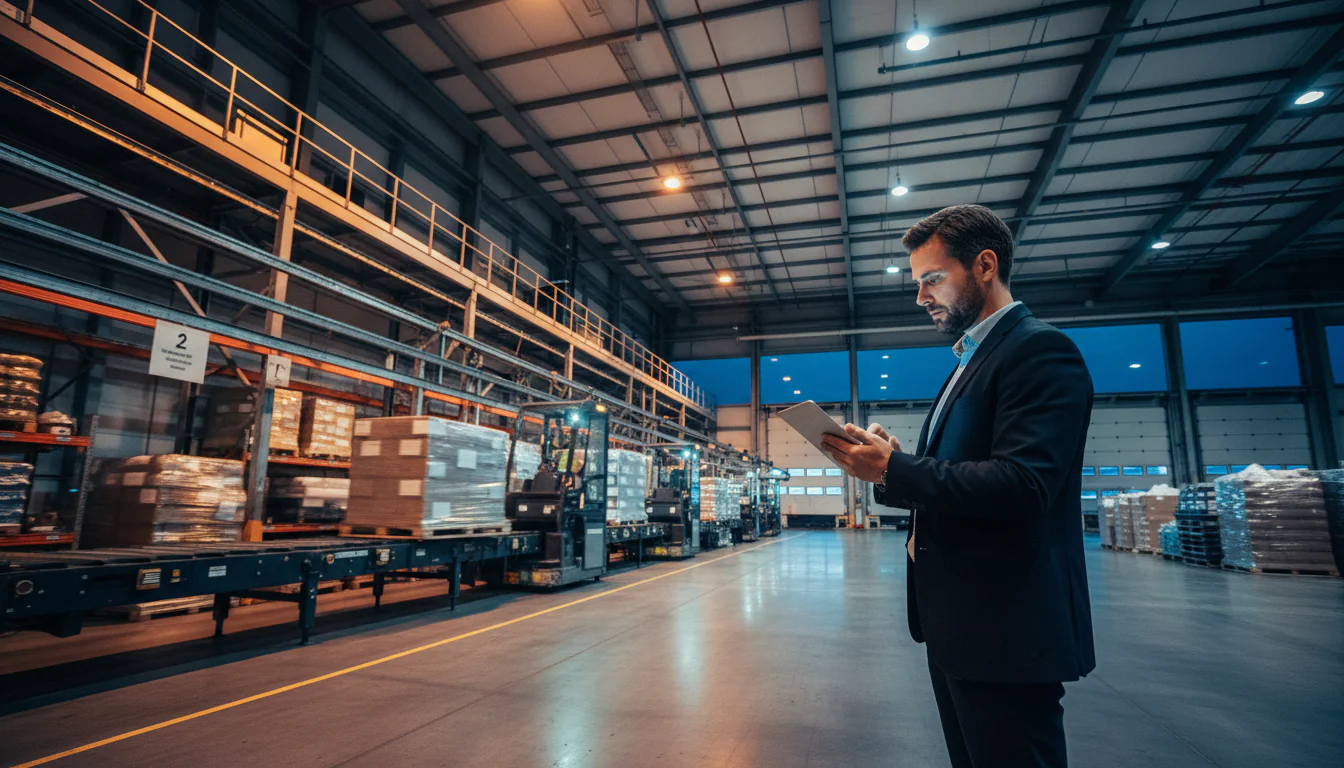 Logistiek consultant reviewing tablet at modern Rotterdam logistics hub amid stacked pallets and automated conveyor systems
