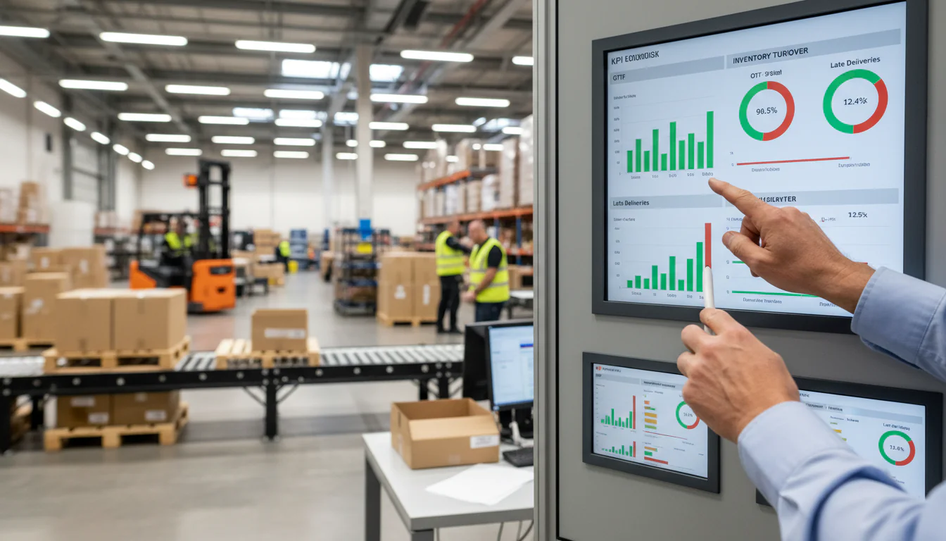 Logistiek consultant die wijst naar een aan de muur gemonteerd KPI-dashboard met OTIF-percentages en voorraadrotatie in een Nederlands distributiecentrum