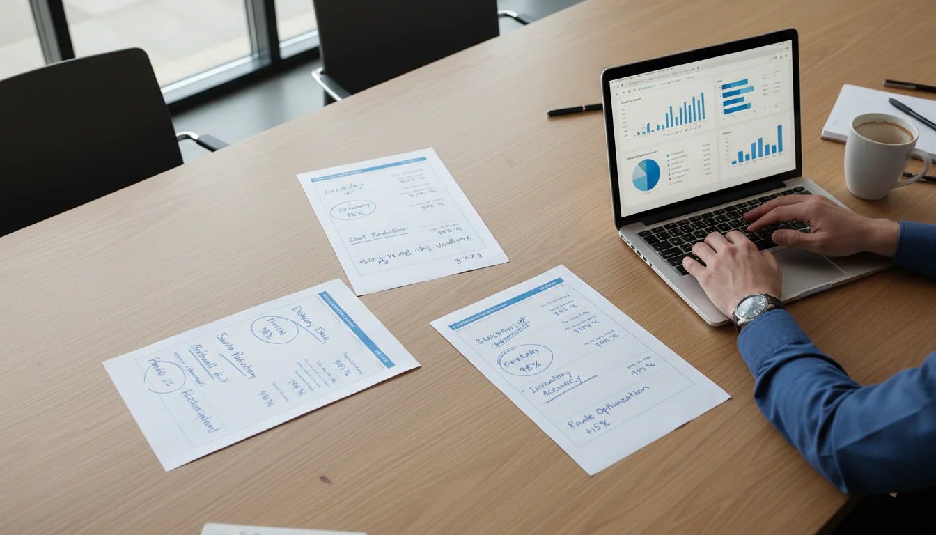 Vergadertafel in een Amsterdams kantoor met uitgeprinte KPI-werkbladen, handgeschreven doelstellingen, een koffiekopje en laptop voor logistiek consultant