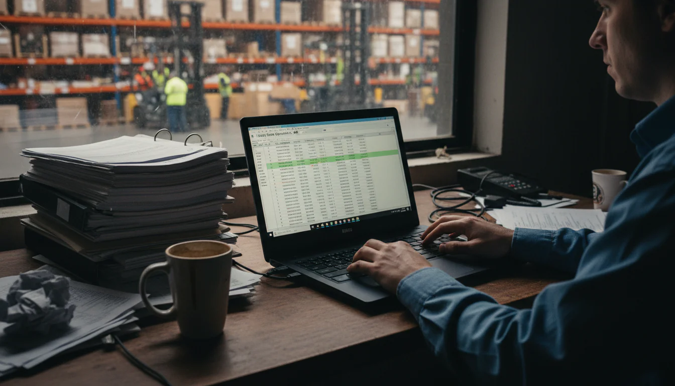 Operationeel directeur aan een rommelig magazijnkantoorbureau met stapels rapporten en laptop met Excel-spreadsheet voor logistiek consultant