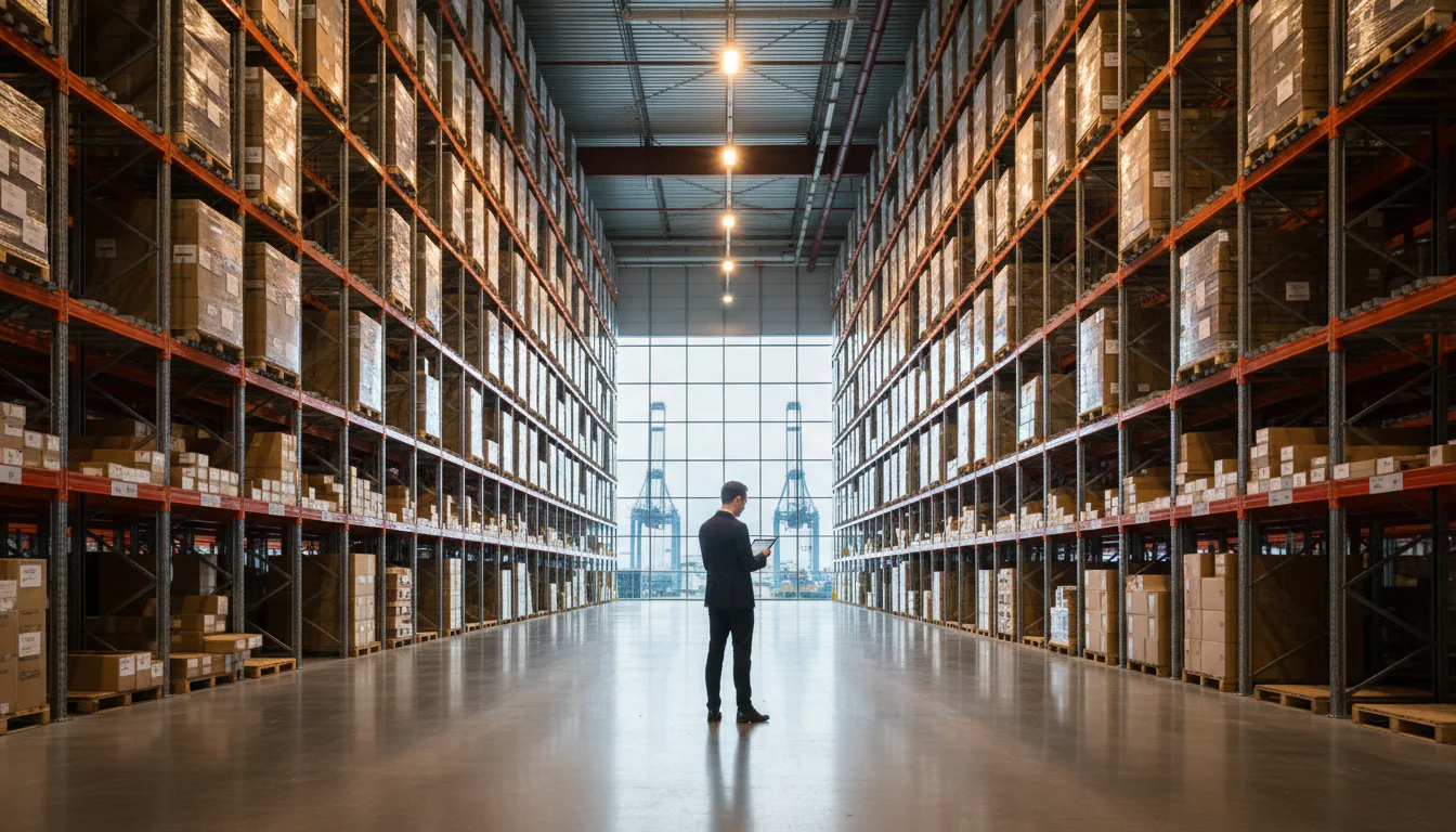Logistiek consultant gids: manager controleert tablet in modern Nederlands distributiecentrum met Rotterdam havenzicht