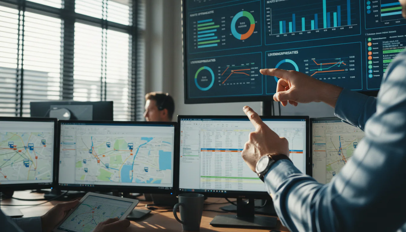Logistiek consultant gids: manager wijst naar KPI-dashboard met route- en leverdata in Nederlands transportbedrijf