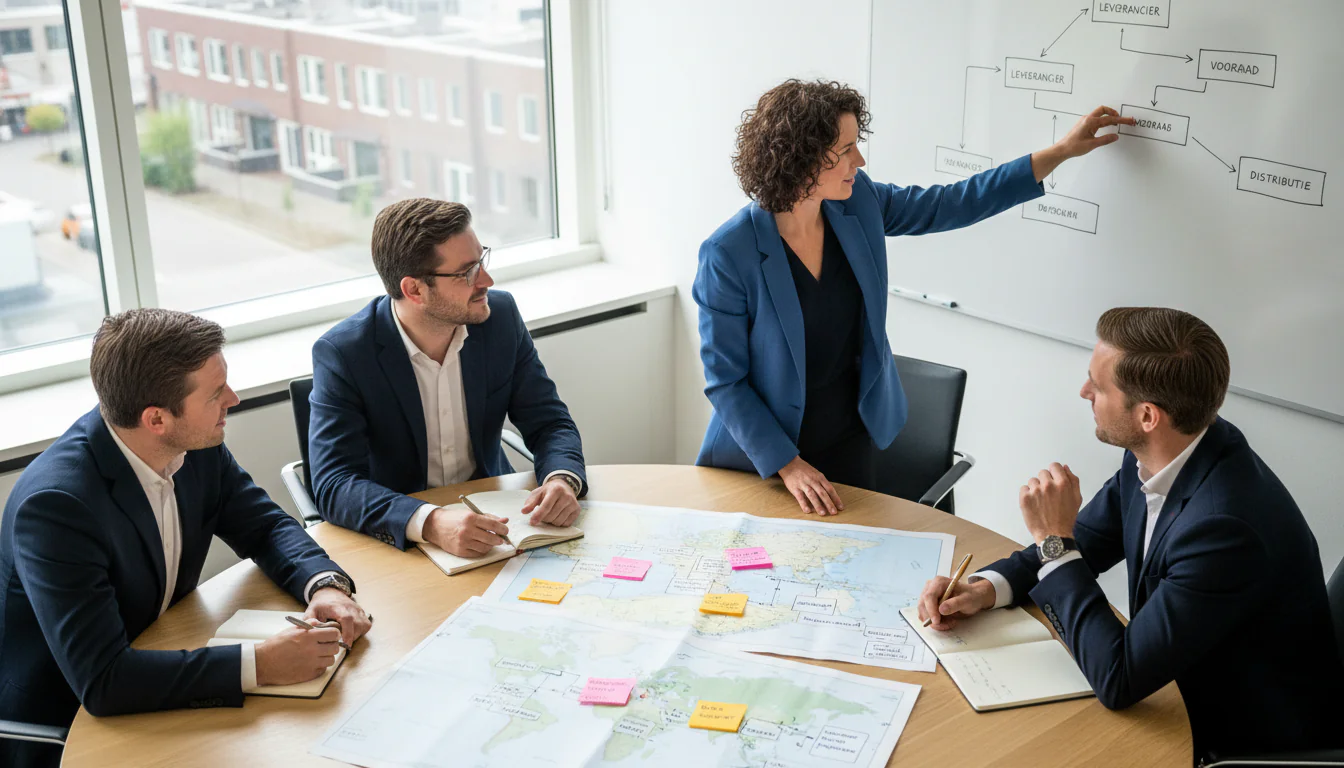 Logistiek consultant gids: Nederlandse professionals bespreken supply chain kaarten en procesdiagrammen in vergadering