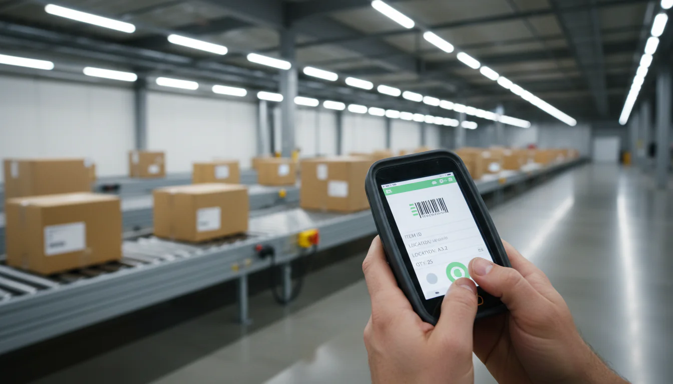 Logistiek consultant gids: medewerker scant inventaris met handheld scanner bij lopende band in fulfilment centrum
