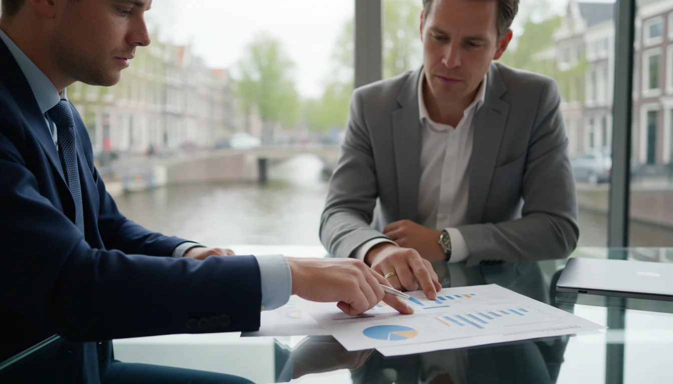 Logistiek consultant gids: professionals bespreken financiële projecties in Amsterdams kantoor met gracht op achtergrond