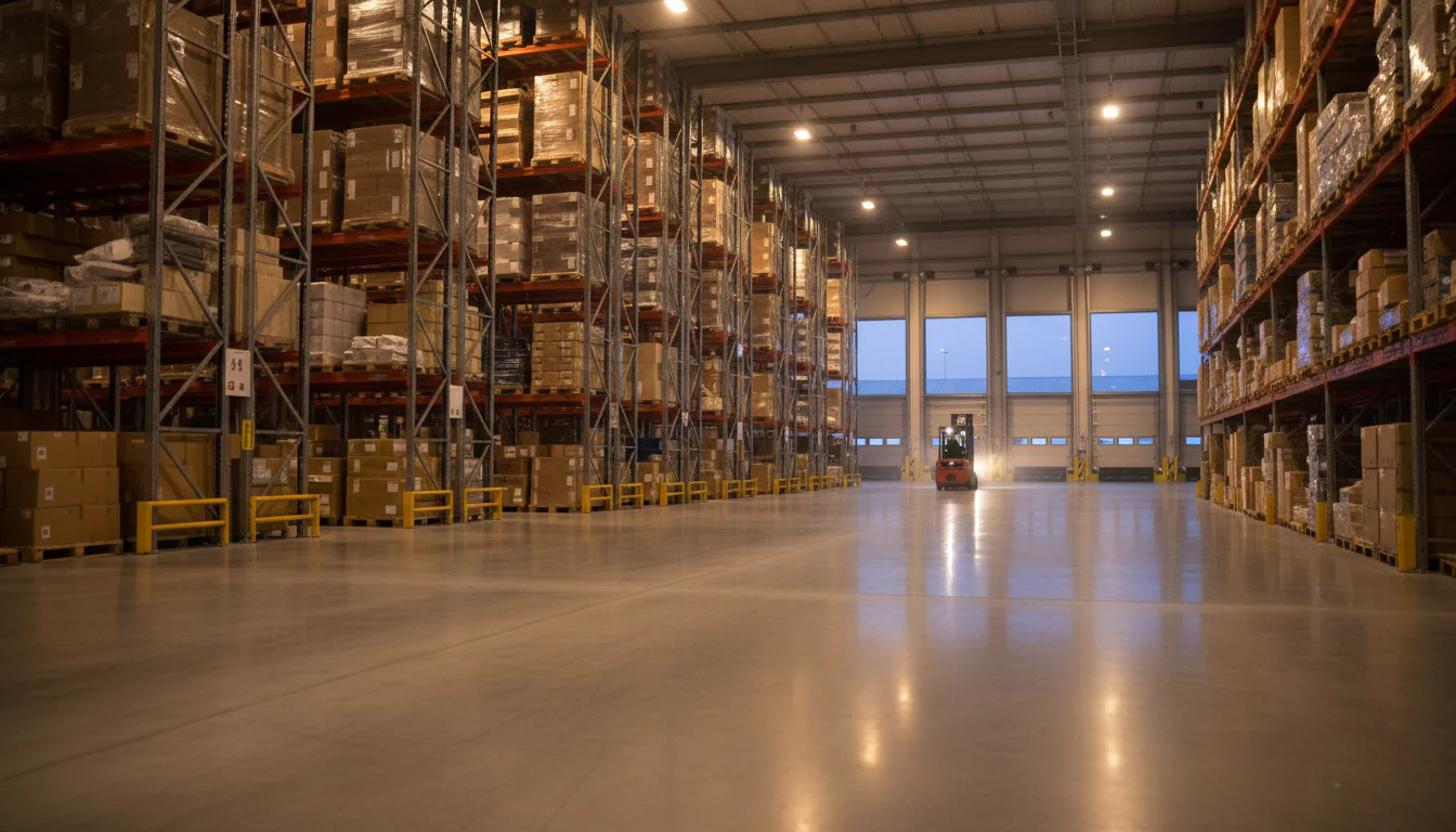 Distributiecentrum met forkliftbediener tussen rekken vol dozen en open laadperron bij logistiek optimaliseren