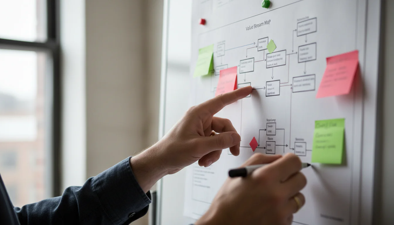 Logistiek manager analyseert value stream map op whiteboard met rode en groene sticky notes voor logistiek optimaliseren