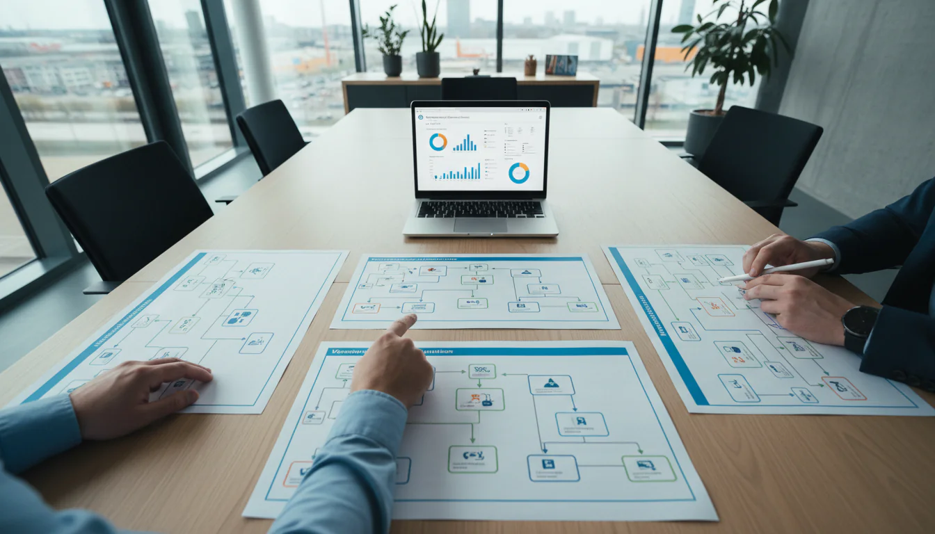 Vergadertafel met A3 proceskaarten en Power BI dashboard waarop handen wijzen voor logistiek optimaliseren