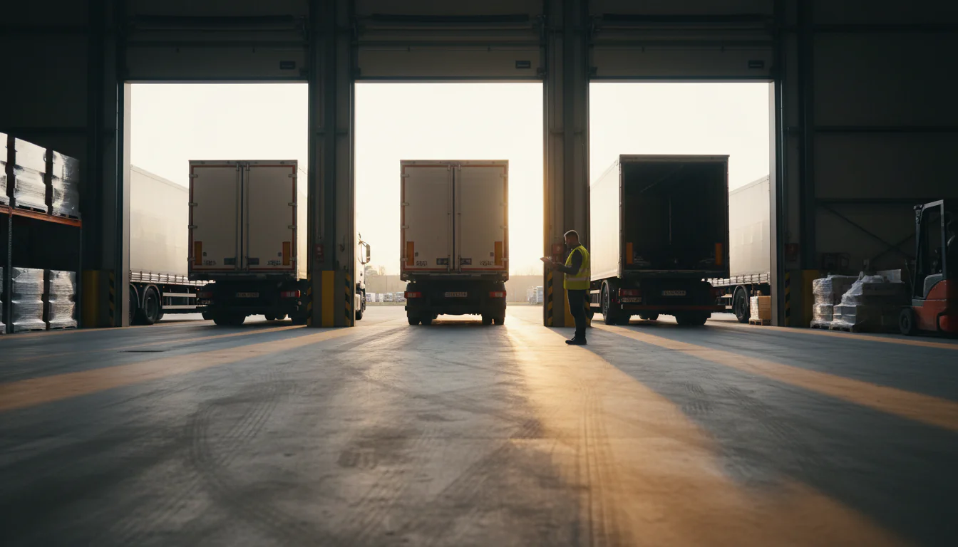 Logistiek coördinator met clipboard bij warehouse laadperron met vrachtwagens voor logistiek optimaliseren