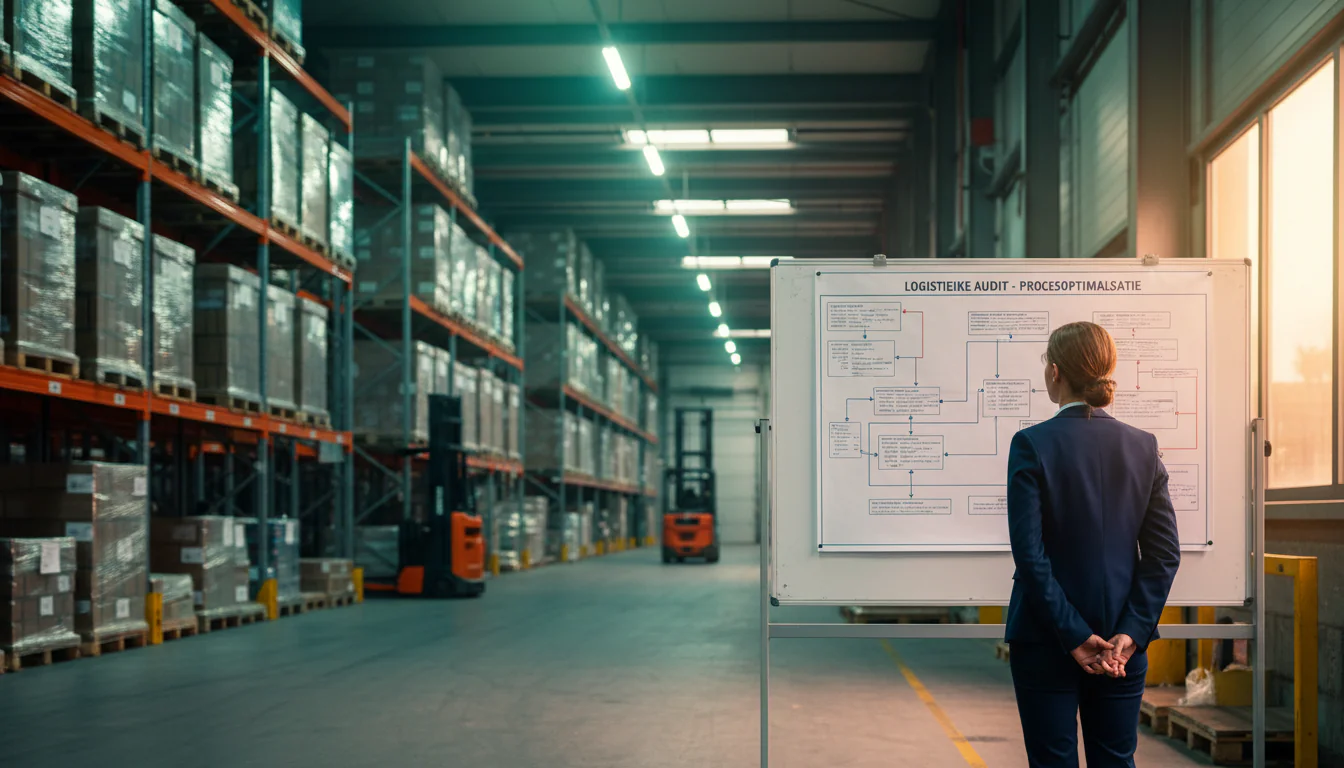 Logistics manager reviewing process flowchart on whiteboard during logistieke audit in Dutch warehouse with pallets and shelving