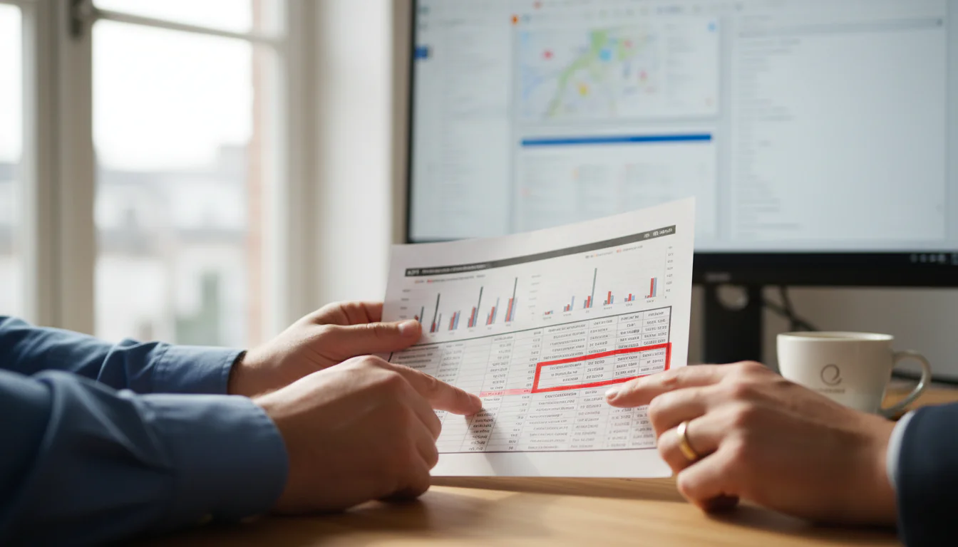 Hands holding KPI dashboard and pointing to exceptions during logistieke audit on desk in Dutch logistics office with ERP screen