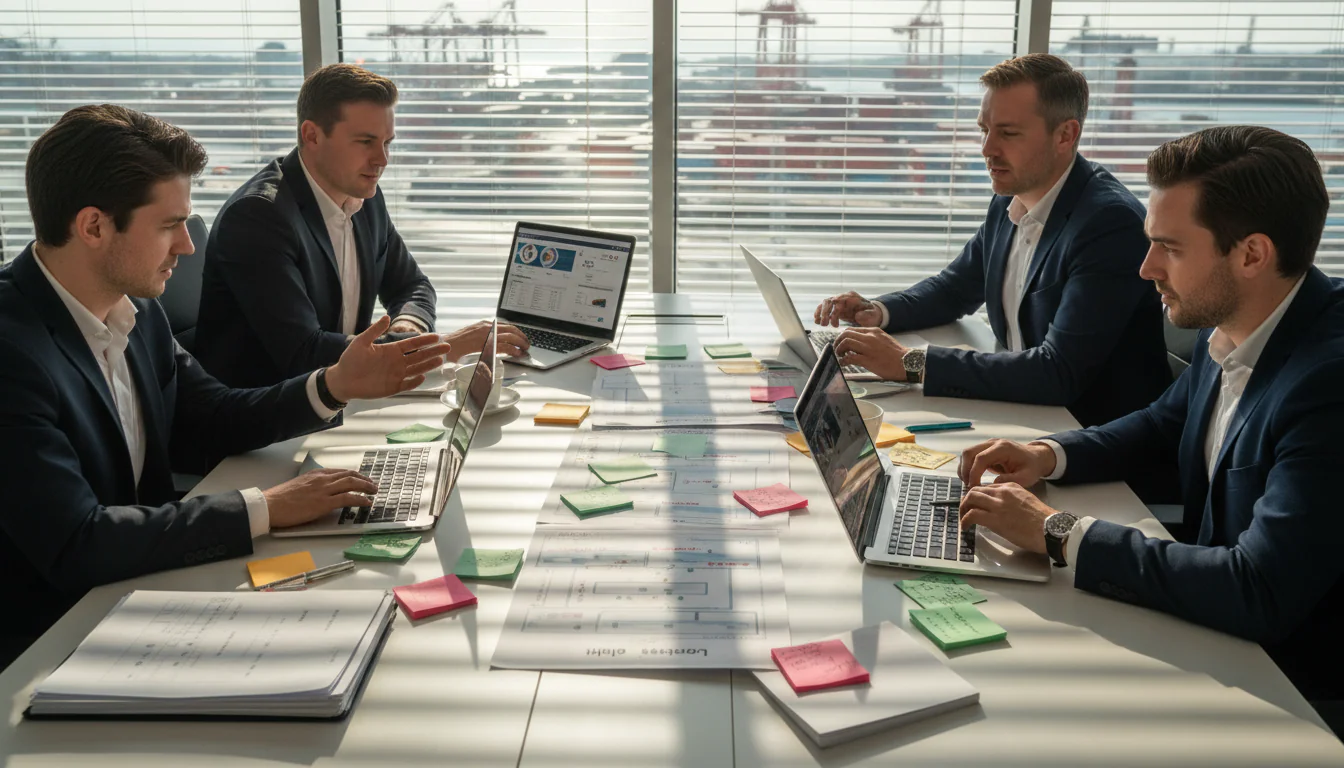 Logistics team in Rotterdam office holding logistieke audit meeting around table with swimlane diagrams, sticky notes and ERP screens