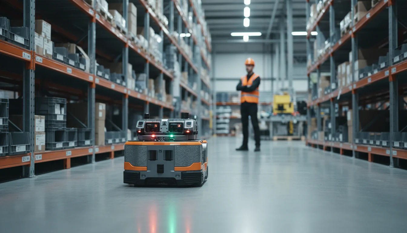 Operator in safety vest observing autonomous mobile robot between shelves during logistieke audit in Dutch fulfillment center
