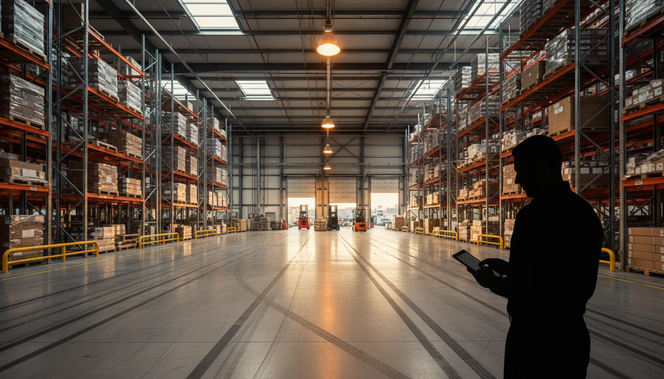 Logistieke kosten beheersen in modern Nederlands distributiecentrum met manager die tablet controleert bij laadkade en hoge rekken