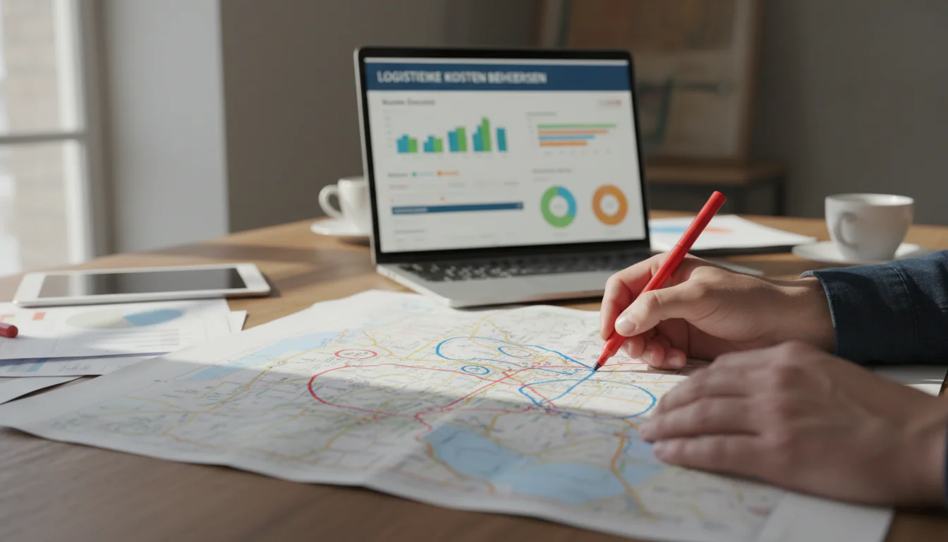 Logistieke kosten beheersen via routeplanning: handen markeren routemap op bureau naast laptop met kosten dashboard