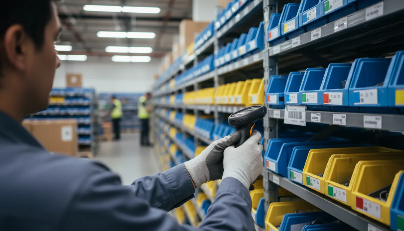Logistieke kosten beheersen met inventaris scanning: medewerker scant barcode in georganiseerd magazijn met gekleurde labels