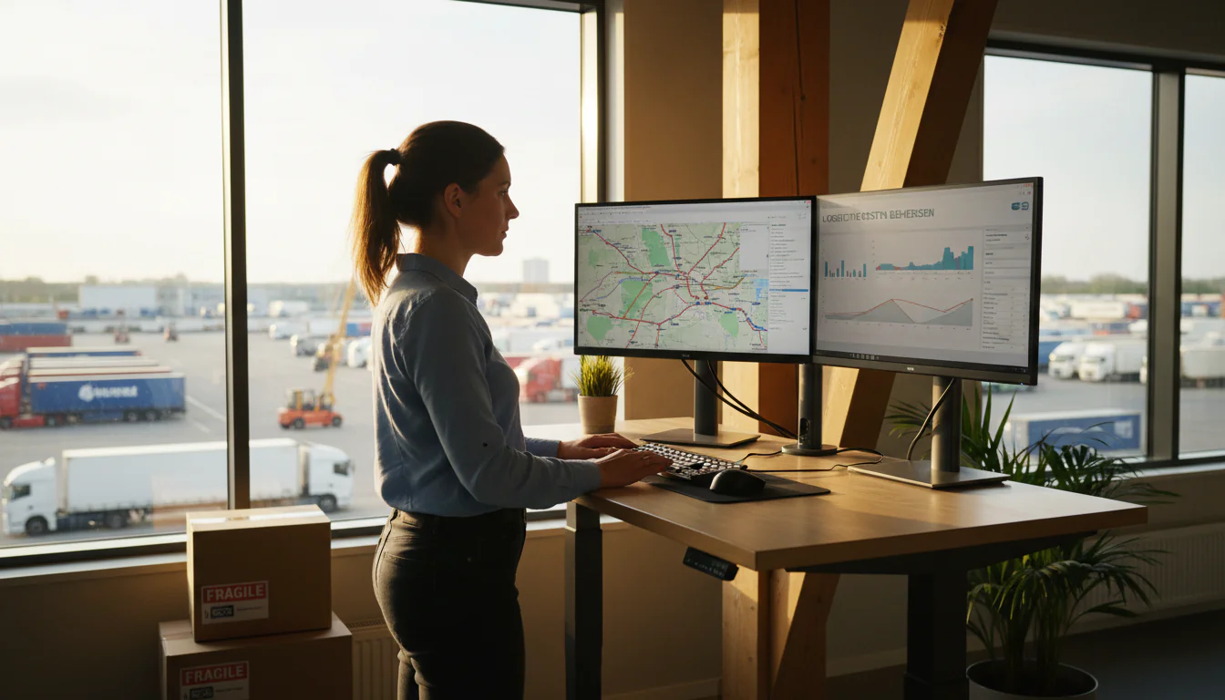 Logistieke kosten beheersen in kantoor: manager analyseert routemaps en dashboards met uitzicht op logistiek park en trucks