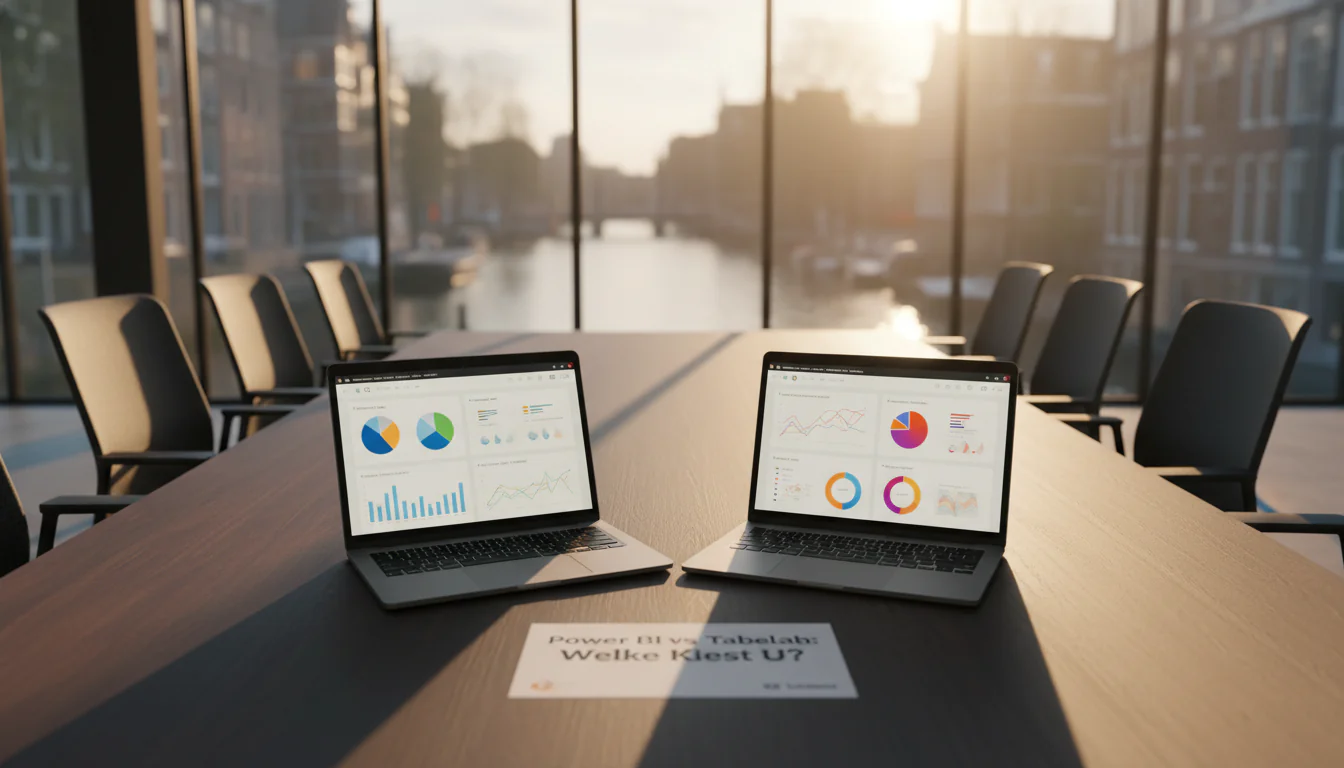 Two laptops displaying Power BI vs Tableau analytics dashboards side by side on conference table in modern Amsterdam boardroom with canal view
