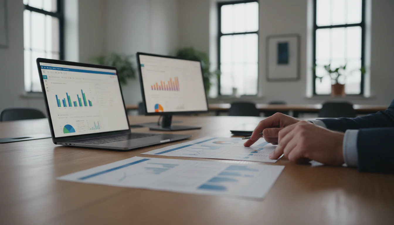 CFO hands pointing at printed analytics reports next to laptop showing Power BI vs Tableau bar chart dashboard in Dutch office