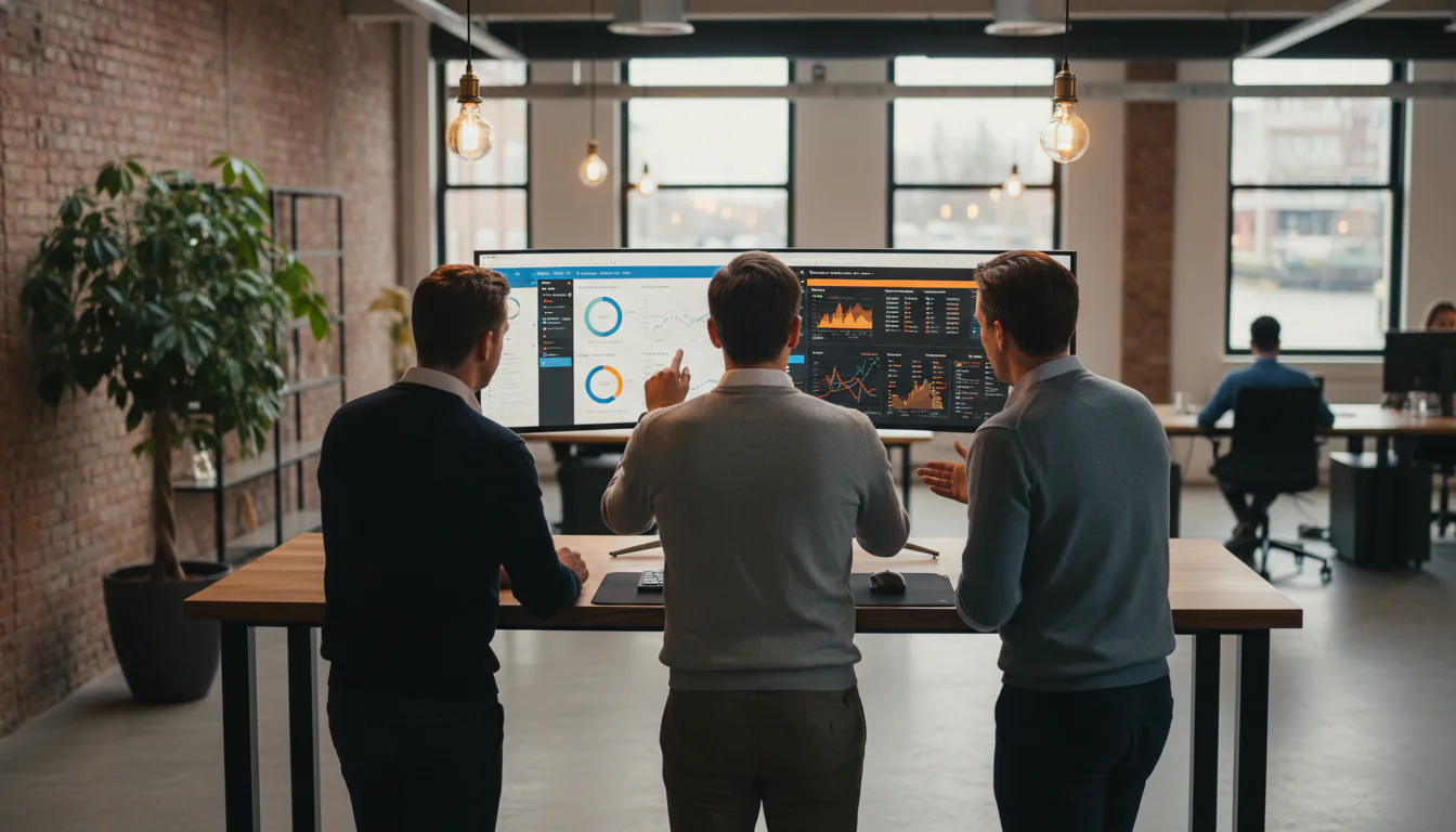Colleagues gathered around standing desk reviewing Power BI vs Tableau financial dashboards on large monitor in Amsterdam office