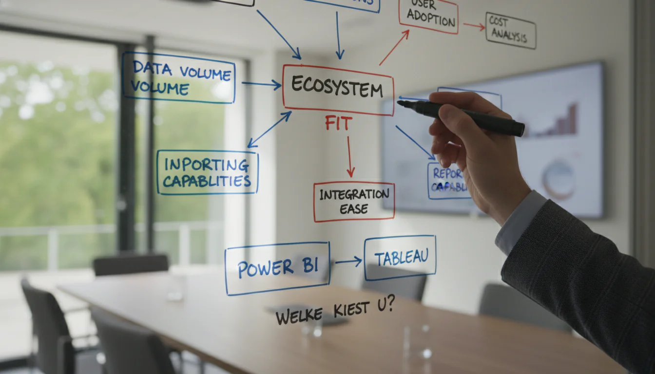 Hand with marker pointing at Ecosystem Fit box on whiteboard decision framework comparing Power BI vs Tableau in meeting room