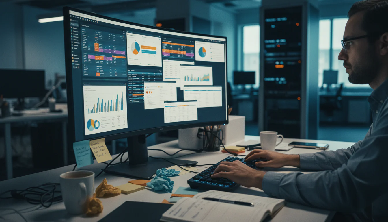 Data analyst viewing multiple overlapping Power BI vs Tableau dashboard tabs on monitor amid cluttered desk and BI sprawl