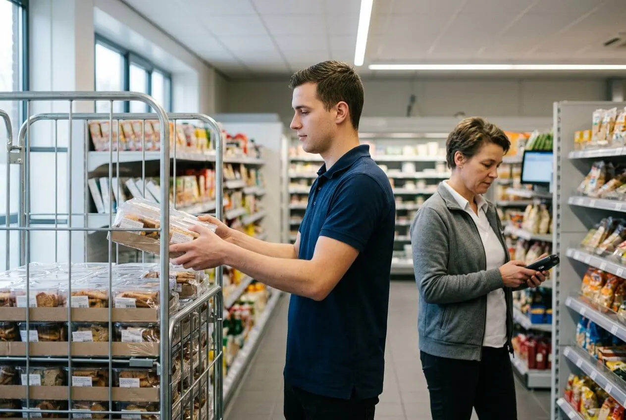 A shop employee takes a tray of packaged goods from a roll container while the store manager checks a handheld terminal