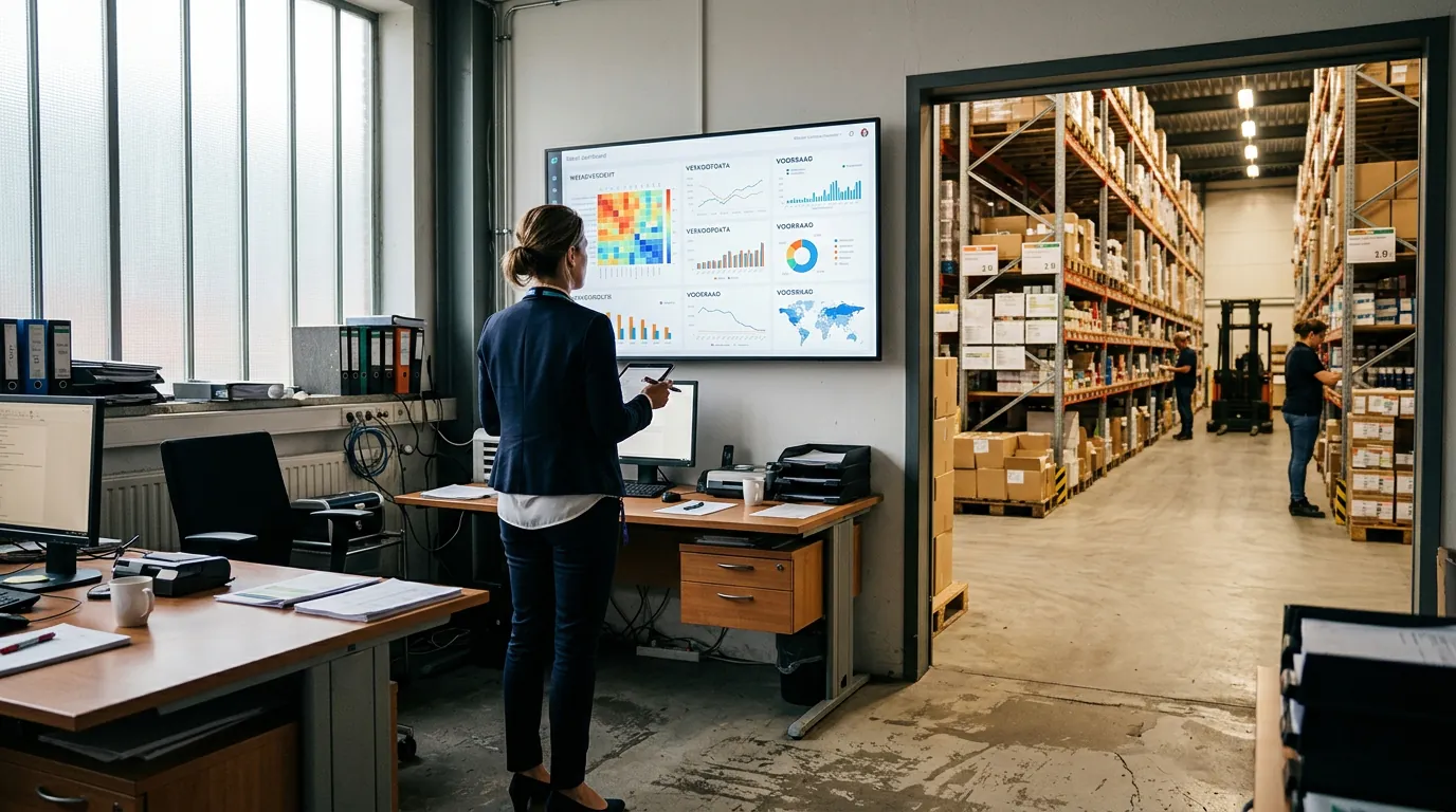 Retail manager reviews retail business intelligence dashboard displaying sales heatmaps and inventory charts in store back office with warehouse view