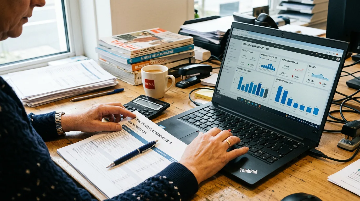 Retail buyer examines printed inventory report alongside retail business intelligence dashboard on laptop amid catalogues and coffee