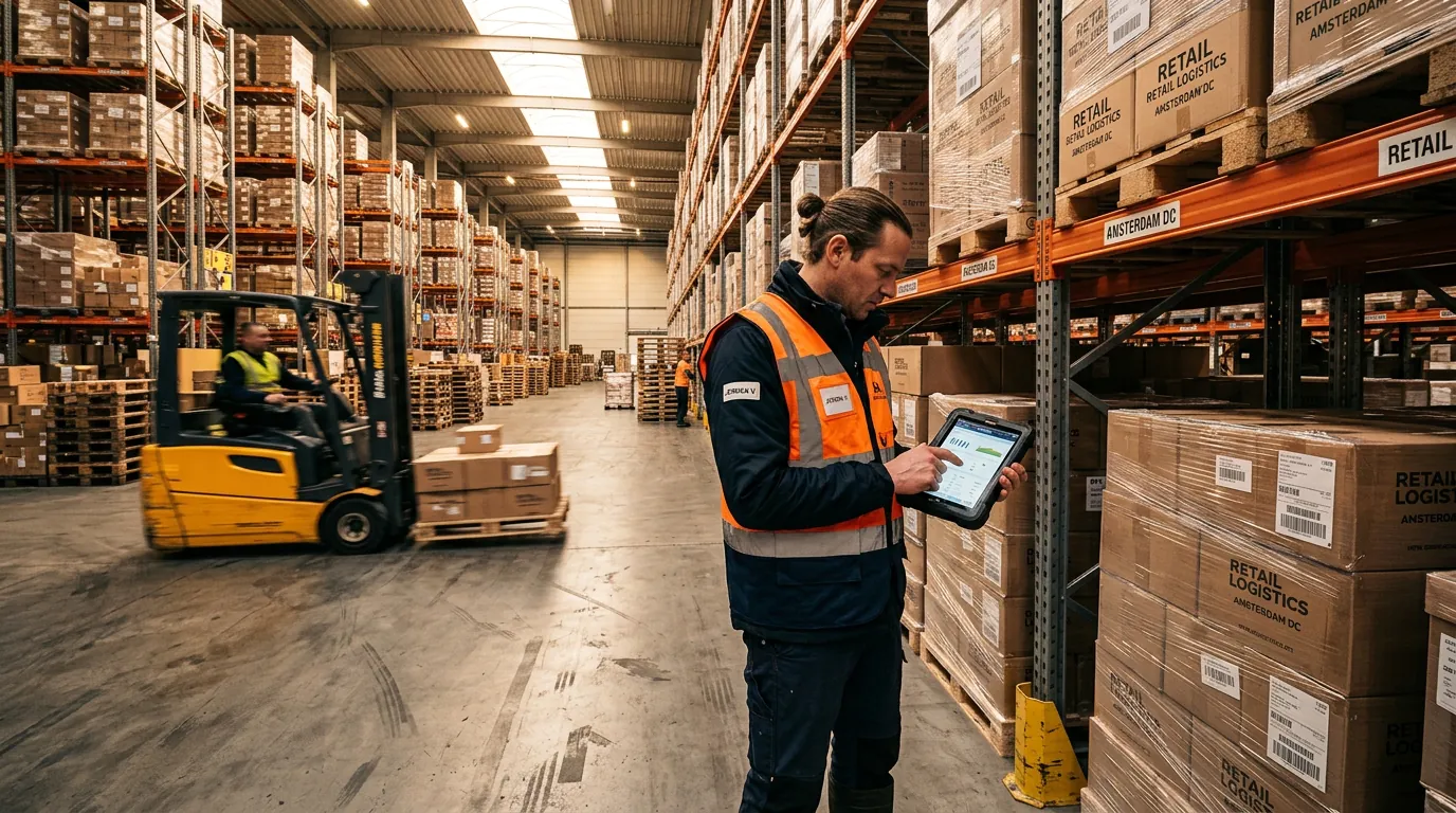 Logistics coordinator checks retail business intelligence data on handheld scanner amid pallet rows in distribution center